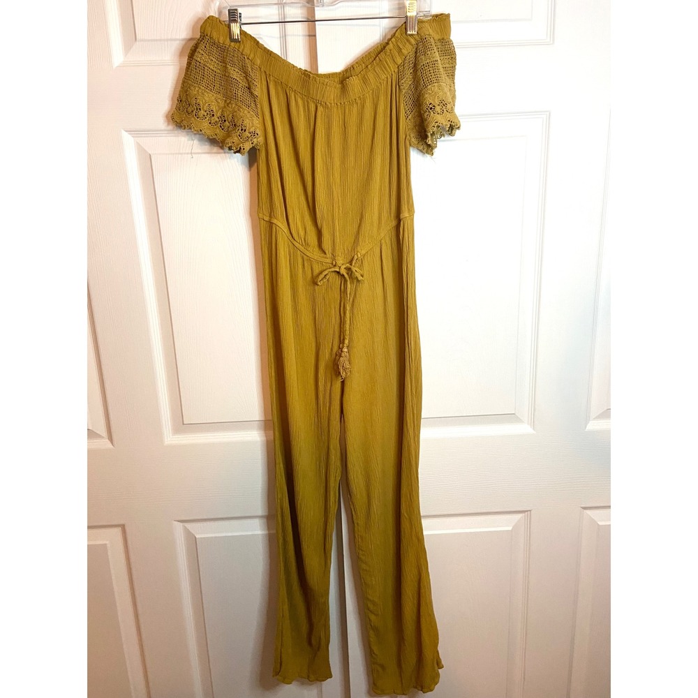 Hint of Blush Mustard Yellow Off Shoulder Crochet Sleeve Jumpsuit Large Boho